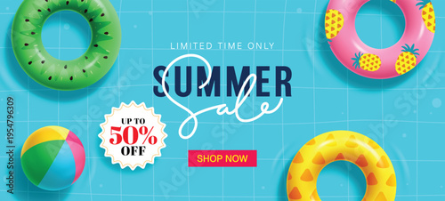 Summer sale background poster design. Summer Sale limited time offer 50% discount price with pool floaters elements in swimming pool background for holiday seasonal promotion vector illustration. 
