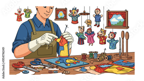 Crafting Tales: An artisan carefully crafts a marionette puppet. The image captures the meticulous work and creative essence of the craft, revealing the artist's dedication.