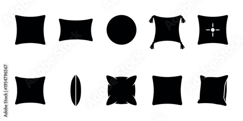 A collection of silhouette icons showcasing various pillow shapes and styles against a clean white background, perfect for design elements and interfaces.