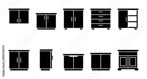 A set of simple black silhouette icons representing various furniture pieces like cabinets, drawers, and vanities, perfect for design projects.