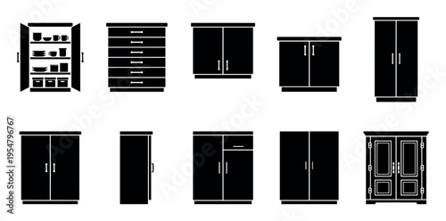 Diverse collection of black silhouette icons representing various storage furniture pieces like cabinets, wardrobes, and chests of drawers, perfect for design and illustration.