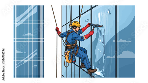 Window Washer At Work: A skilled window cleaner meticulously works at height on a modern skyscraper.