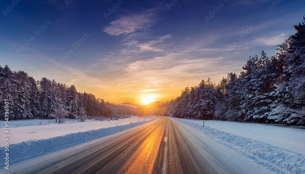 Obraz premium Winter Sunset On A Snowy Road
