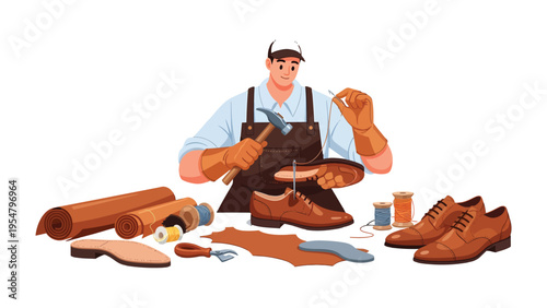 Crafting Craftsmanship: A skilled artisan meticulously works on a pair of elegant leather shoes, surrounded by tools of his trade. A visual symphony of classic style and skillful labor.