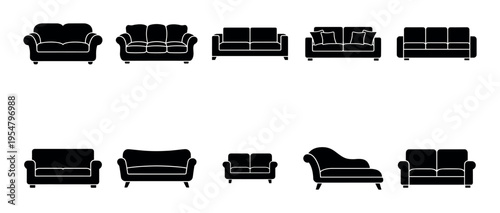 A collection of black silhouette icons representing various sofa designs, including loveseats, armchairs, and chaises, perfect for interior design or furniture concepts.