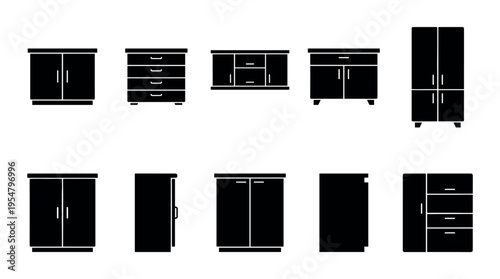 A collection of black silhouette icons representing various furniture pieces including cabinets, dressers, and wardrobes, ideal for interior design or storage concepts.