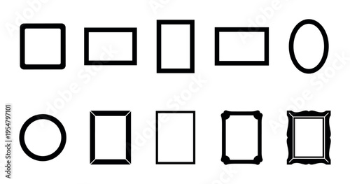 A curated assortment of ten distinct black outlines for frames, including circles, ovals, rectangles, and ornate styles, arranged neatly on a plain white background.
