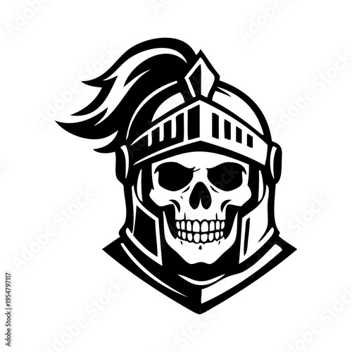 Logo casco de guerrero medieval con esqueleto. Icono para Halloween con casco de caballero medieval con calavera humana 