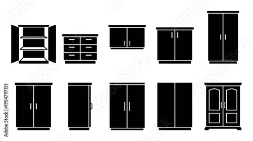 Collection of black silhouette icons representing different types of furniture including wardrobes, cabinets, and drawers on a white background.
