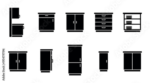 A collection of black silhouette icons representing various kitchen cabinets and storage units, perfect for design and web projects.