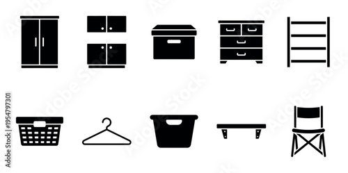 A collection of clean, minimalist black icons representing various furniture and storage items, perfect for home organization and design concepts.