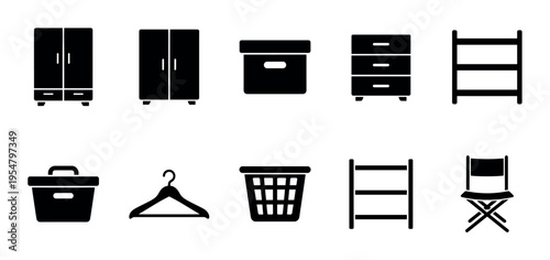 Collection of black silhouette icons representing various home storage furniture and accessories like wardrobes, dressers, shelves, and laundry items on a white background.