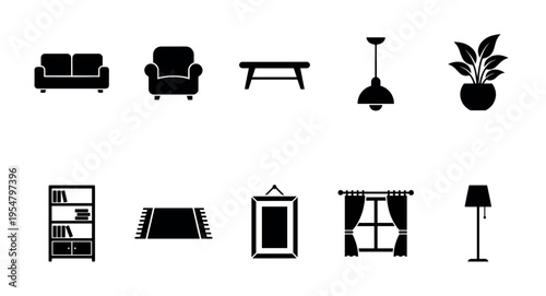 A collection of black silhouette icons representing common home interior furniture and decor elements against a clean white background.