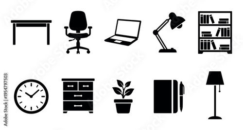 A collection of black silhouette icons representing office furniture and accessories, ideal for representing workspace and organization themes.