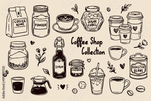 Hand drawn coffee shop collection with cups, beans, jars, and cafe elements. Perfect for branding, menu design, packaging, and cozy coffee themed visuals.