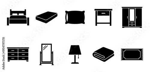 Collection of black silhouette icons representing bedroom furniture items including a bed, mattress, pillow, nightstand, wardrobe, dresser, mirror, lamp, blanket, and rug on a white background.