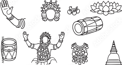 Traditional cultural festival icons set with dancer drum jewelry lotus temple hand monoline art