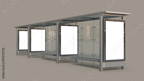 Modern bus stop shelter with blank white advertising panels, urban street furniture, public transport