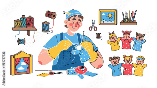 Artisan Crafting: A skilled artisan meticulously crafts a handmade puppet, surrounded by tools and elements. Capturing the artistry and dedication to creation, this image shows the magic of creation.