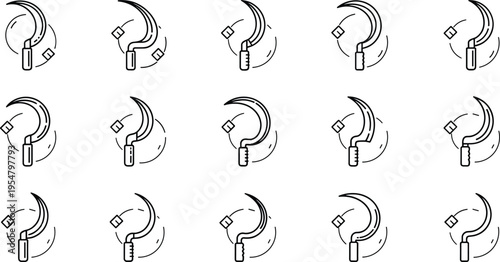Sickle outline icons collection with curved harvest tools line art vector illustration