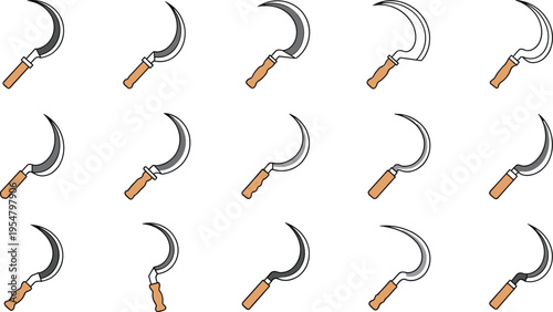 Sickle icons set with curved farming harvest tools flat vector illustration