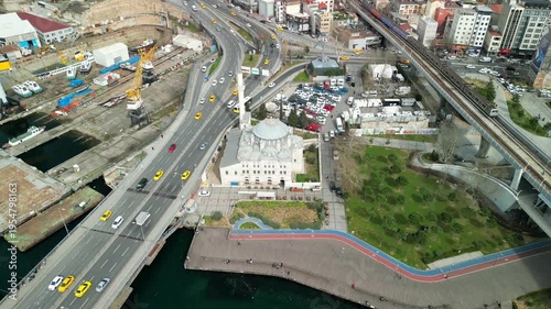 Istabul/Turkey circa 2023: Sokullu Mehmet Pasha Mosque fly above shot