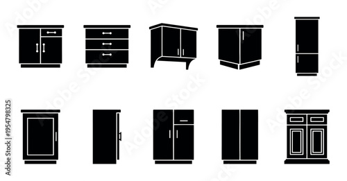 A collection of black vector silhouette icons depicting various furniture pieces including cabinets, wardrobes, and drawers on a white background.