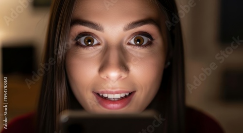 Woman looking at glowing smartphone screen with surprised expression. Hyper-personalized discovery of digital content. Artificial intelligence algorithm and mobile technology user interface.