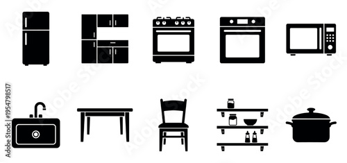 A collection of black and white line art icons representing various kitchen appliances and furniture, perfect for web design and illustration.