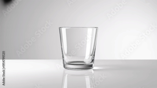 Empty clear drinking glass tumbler on white surface, minimalist studio shot, beverage service