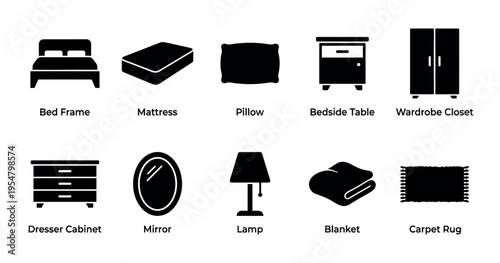 A collection of black and white icons representing various bedroom furniture items, including a bed, mattress, pillow, bedside table, wardrobe, dresser, mirror, lamp, blanket, and rug.