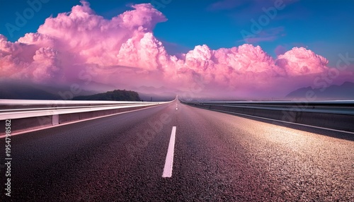 Empty Highway Road With Pink Clouds In The Sky