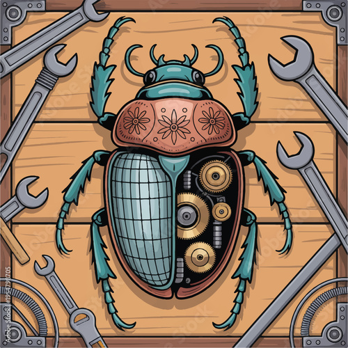 A detailed steampunk-style illustration of a scarab beetle with mechanical gears and components integrated into its body