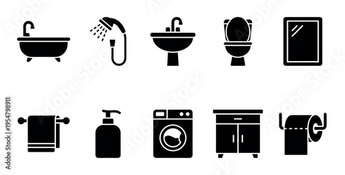 A collection of black silhouette icons depicting essential bathroom fixtures and accessories, including a bathtub, shower, sink, toilet, mirror, towel, soap dispenser, washing machine, cabinet.