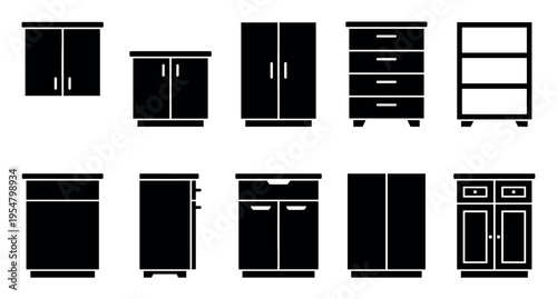 A collection of black flat icons representing various furniture pieces, including cabinets, dressers, and shelves, on a white background.