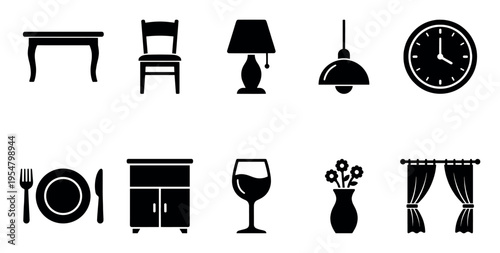 A clean, modern set of black vector icons depicting various household furniture and decorative items arranged in two rows on a white background.