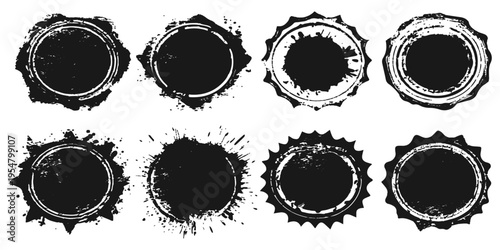 Vintage vector collection featuring a round grunge rubber stamp set with circular seal labels, decorative border frames, and business badge icons for a classic sign design element