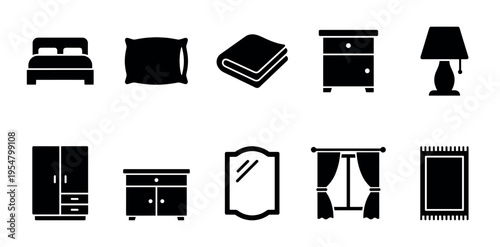 A set of black silhouette icons representing various bedroom furniture pieces against a clean white background, ideal for interior design and home decor concepts.