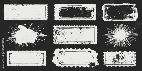 A set of vintage grunge frames and rubber stamps featuring black ink splashes, messy paint brush strokes, and dirty vector textures for an old grungy border design element