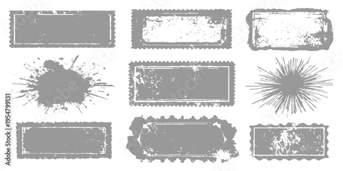 A creative set of vintage grunge vector frames and floral border elements featuring dirty ink paint textures and retro black paper labels for blank banner design illustration