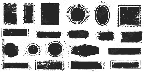 A set of vintage grunge rubber stamps and black vector textures featuring circular frames, labels, and seal design elements for business stickers and badges