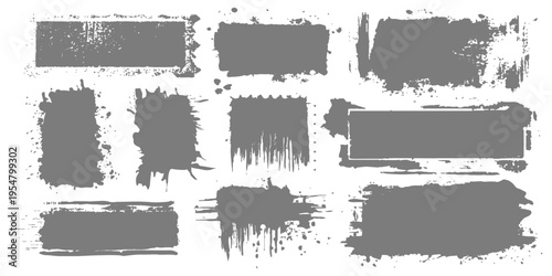 Vintage set of grungy black ink brush strokes and splat textures featuring paint splash borders, dirty vector frames, and hand-drawn banner elements for artistic design patterns