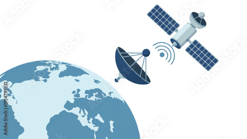 Satellite orbiting earth, transmitting signals with satellite dish