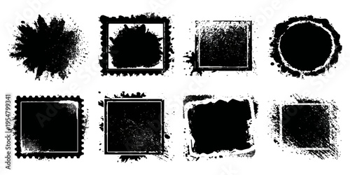 A set of vintage black ink grunge frames and dirty paint brush stroke textures featuring artistic splat vector elements and grungy border design patterns on a stained splash background