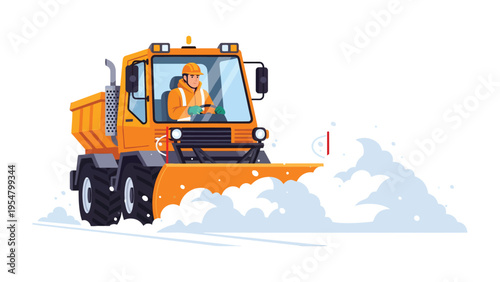 Snow Plow in Action: An illustrative scene depicting a robust snow plow clearing a path through a winter wonderland, the operator diligently focused on his task, against a backdrop of fresh snowfall.