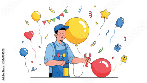 Balloon Artist at Work: A skilled artisan meticulously inflates a vibrant red balloon, surrounded by a festive array of colorful balloons, streamers, and celebratory decorations.