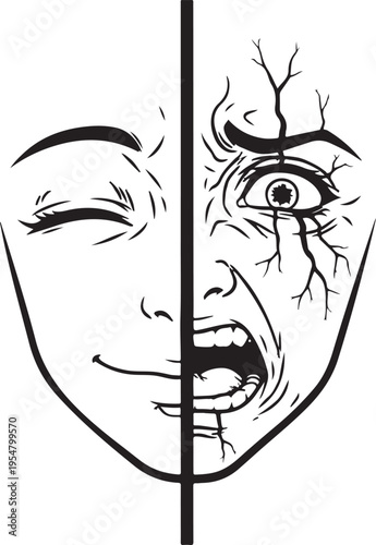 Split face meme vector illustration, contrasting emotions