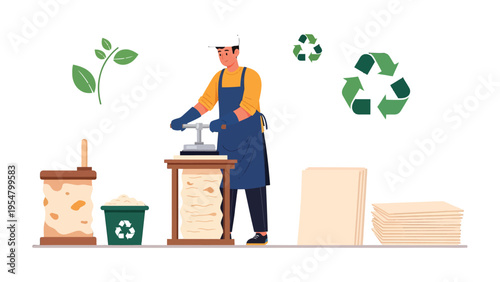 Recycling in Action: An illustration captures an individual at work in a paper recycling plant, embodying sustainability and responsible waste management.