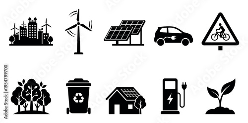 A collection of black silhouette icons representing sustainable energy sources, eco-friendly transportation, and environmental conservation.