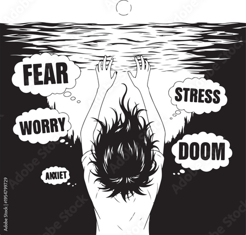 Black and white vector illustration of a person overwhelmed by emotions